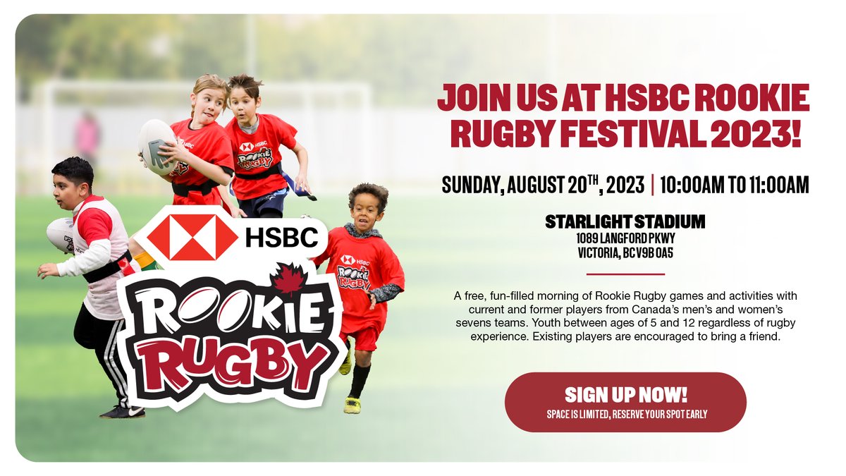 Is your child between the ages of 5 and 12? 

Do you currently play or want to play Rugby? 🏉

If so, join us for a FREE fun filled day of non-contact rugby on Sunday August 20 at Starlight Stadium in Langford, BC!

Sign-up here: forms.office.com/r/j5xNHEdqSa

#RugbyCA #BCRugby