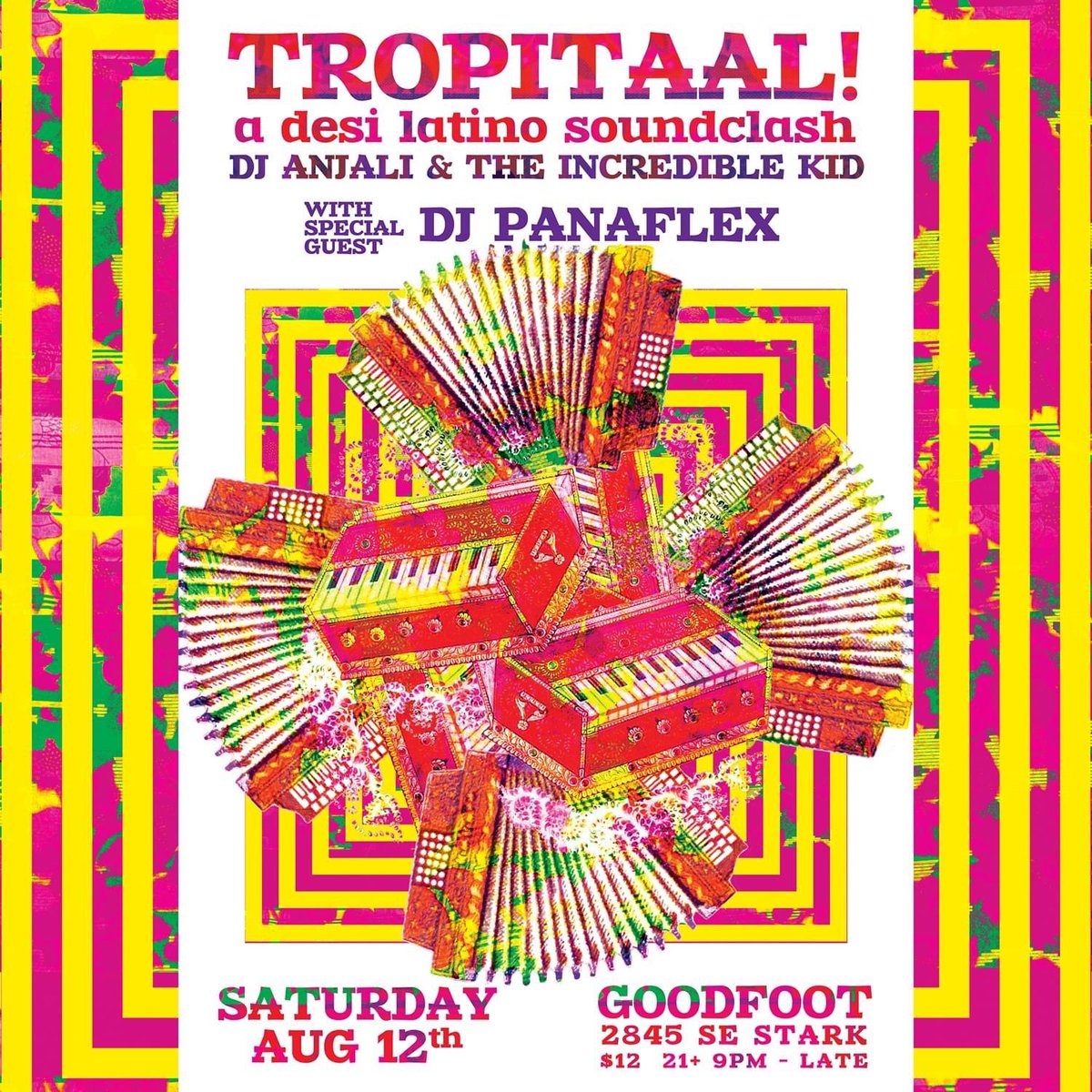 Tonight it’s Tropitaal Desi Latino Soundclash in Portland with special guest <a href="/panaflexin/">DJ Panaflex</a>! Doors and music at 9 pm!