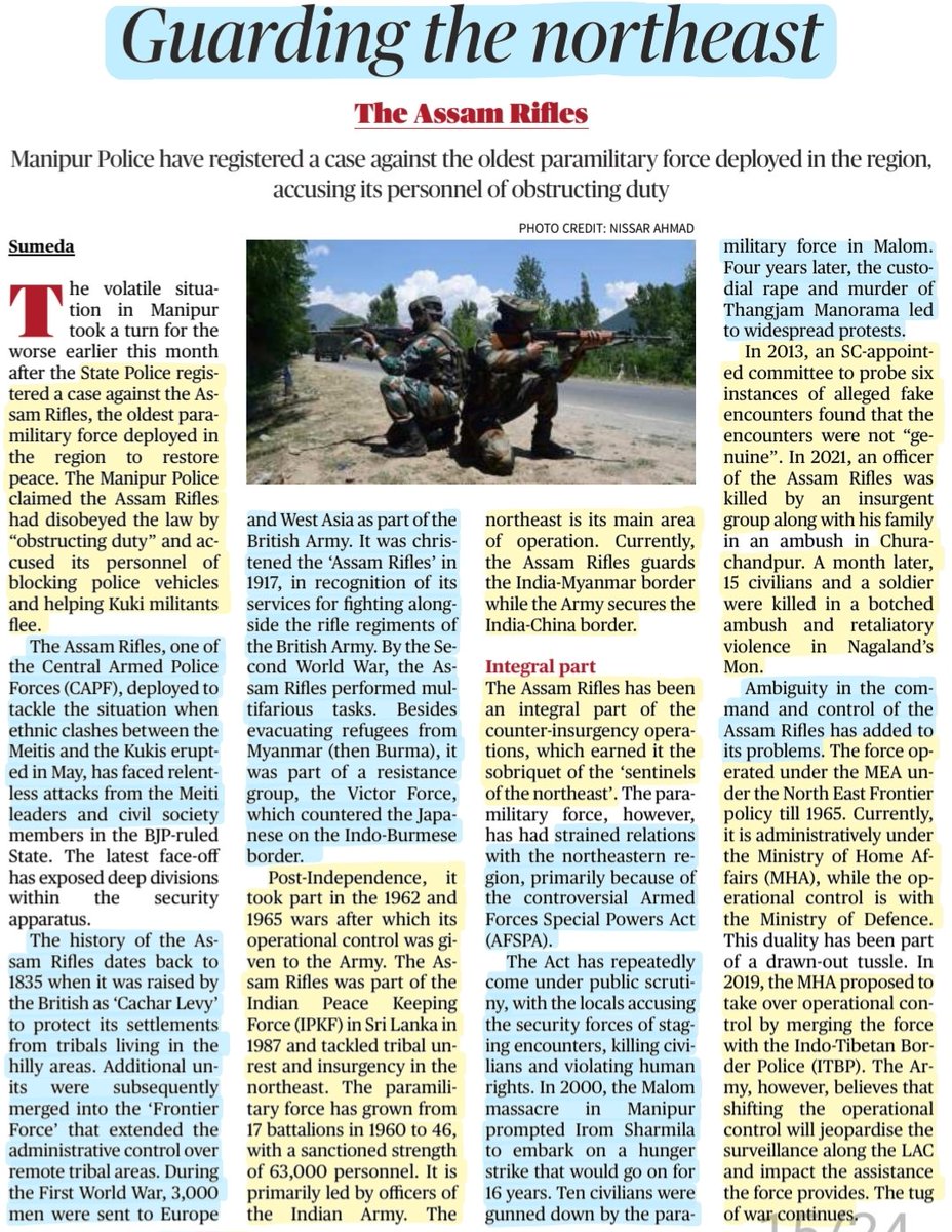 'The Assam Rifles- India's Oldest Paramilitary Force'

'Guarding the Northeast'

: Details

#CAPF #Paramilitary 
#AssamRifles #CacherLevy #FrontierForce
#IPKF
#IndoMyanmarBorder #Northeast #AFSPA
#CounterInsurgency #MHA #MoD 

#ManipurViolence 
#Meitei #Kuki_Zo 

#UPSC
Source:TH