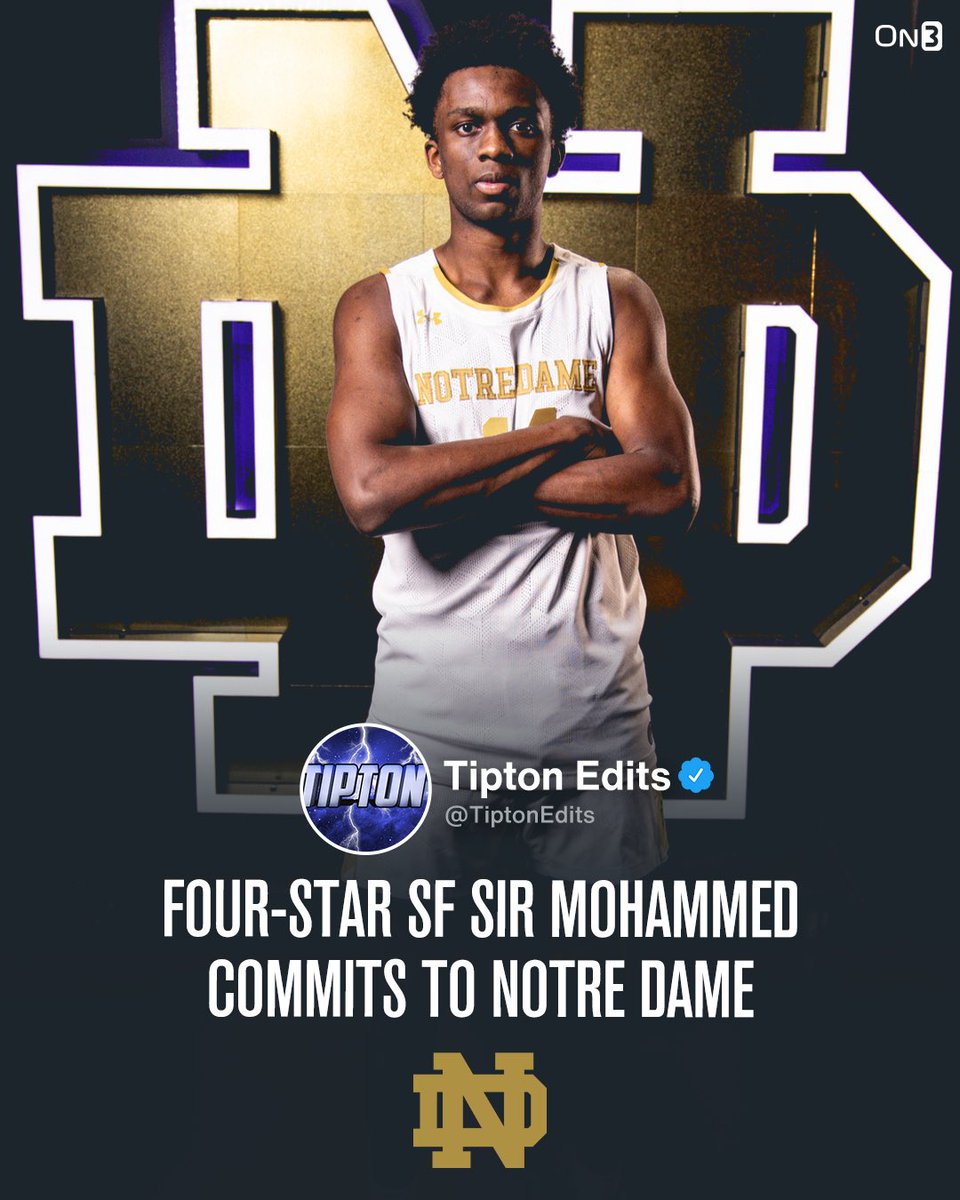 NEWS: 2024 four-star Sir Mohammed has committed to Notre Dame over Villanova, Stanford, and others. 

The 6-6 wing is the son of two-time NCAA champion at Kentucky, Nazr Mohammed. 

Story: on3.com/college/notre-…