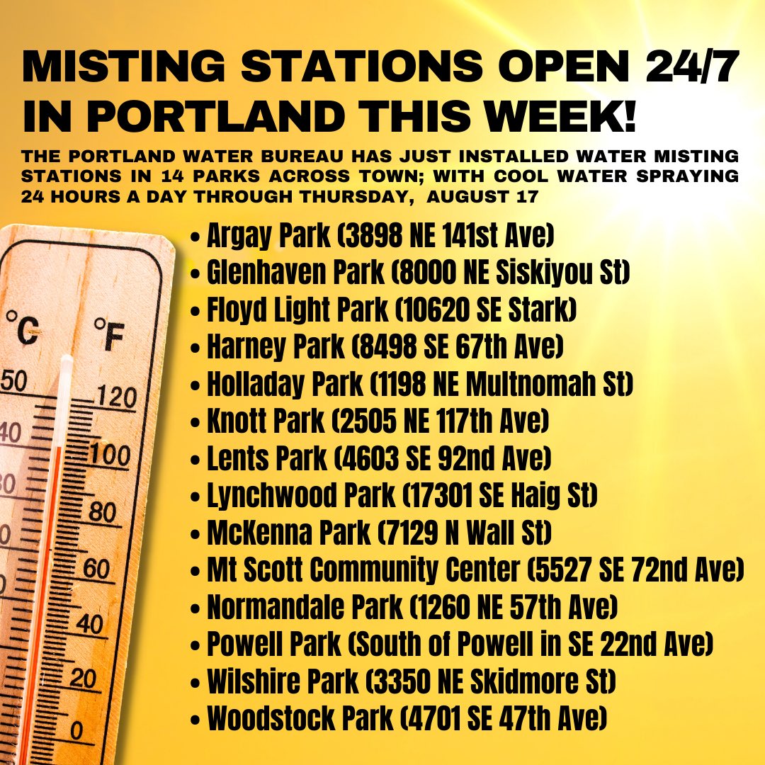 freelunchpdx's tweet image. Misting stations are set up in 14 parks across #Portland to help folks stay cool during the heat wave this week. Share this info with your friends, stay safe out there! 🔥🔥🔥