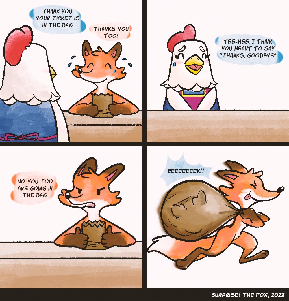 SurpriseTheFox's tweet photo. I'm practicing a new watercolor-type render.
I love little comics, water colors and foxes who steal with a little sac, so this post captures all of what I want for my art! ("Captures", get it? haha).
#furrycomic #foxfurry #stealsyourhen https://t.co/pfE61bAIvd