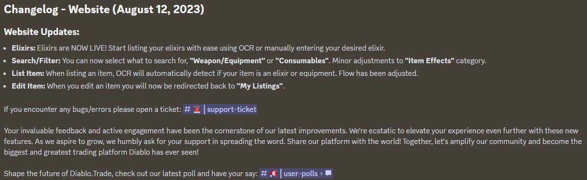 We recently pushed the following updates:

Added Elixirs
Improvements to Search/Filter
Improvements to List Item
Quality of Life Changes to "Edit" Item

Start trading: Diablo.trade
Join the discord: discord.com/DiabloTrade 

#DiabloIV