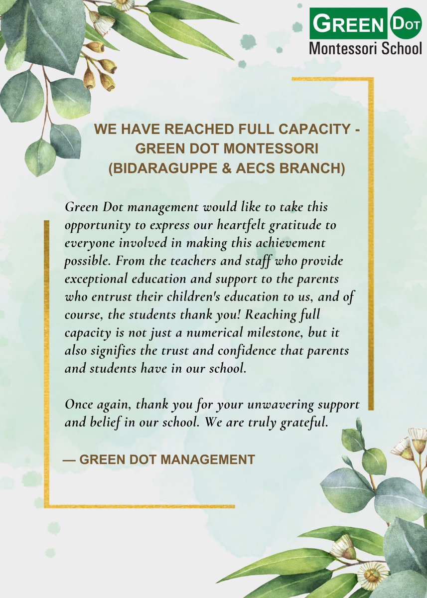 GDIS987's tweet photo. We have reached full Capacity - Green Dot Montessori (Bidaraguppe &amp; AECS Branch)

#GreenDot #greendotmontessori #montessorischool #montessori #BESTMontessoriSchool #GDMS #preschool #preschoolactivities #preschoollearning #greendotmontessorischool #fullcapacity #admissionfull https://t.co/kVQrf5B0S0