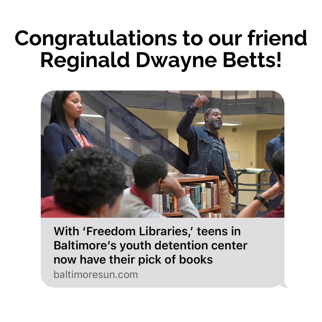Advance_Change's tweet photo. Our friend and partner Dwayne Betts' @million_book program is bringing books to Baltimore's youth detention centers! The impact this will have on the education, humanization, and mental health of those in these centers is extraordinary.

Learn more at https://t.co/Qa2dDUCuxB. https://t.co/Xv5b23Nc8a