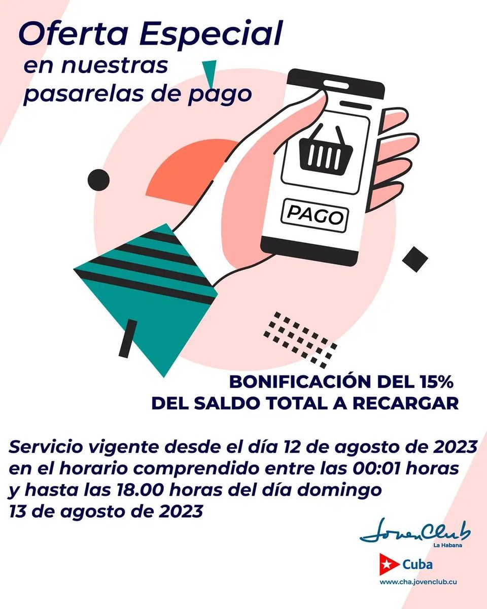 TransfermovilS's tweet photo. Llega @JovenClub2 con Oferta especial✨️ de una increíble bonificación del 15% en el saldo total a recargar a través de pagos electrónicos hoy 12 y 13 de agosto en conmemoración a dos fechas importantes.
Recarga mediante @TransfermovilS y obten tu rebaja en el pago. https://t.co/cD26uBrw2u