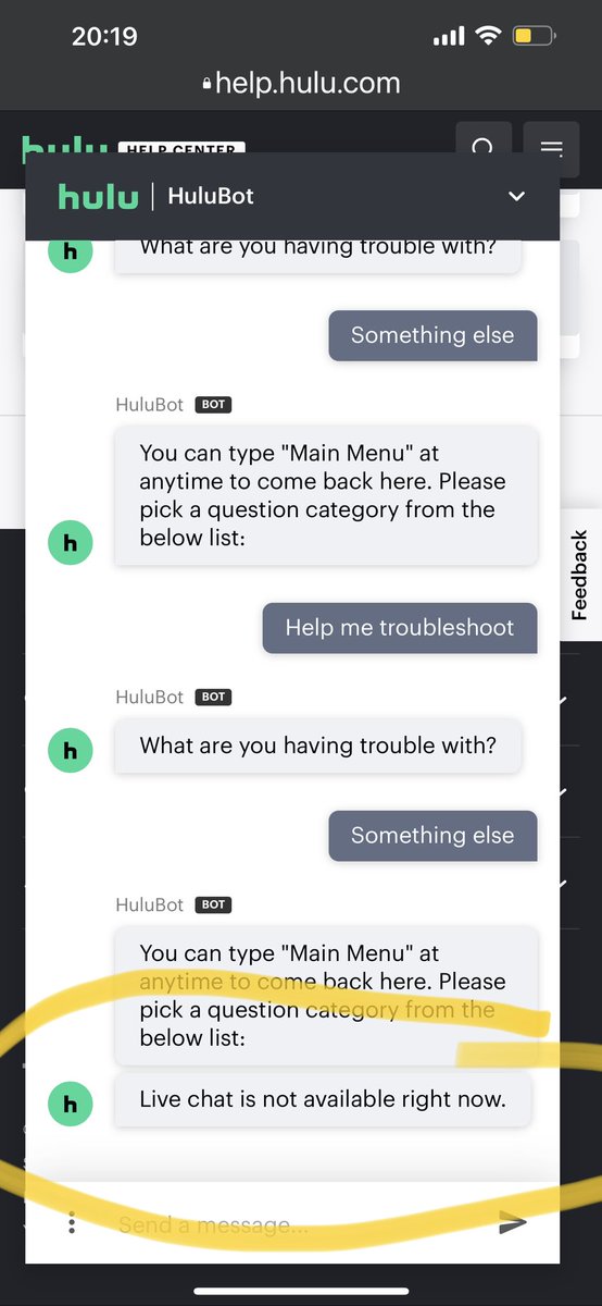 midgedobbs's tweet photo. @hulu_support systems been down for hours. One way to handle it is to close all customer service options. Can’t call. Can’t chat. Major sporting events are on - which is the only reason we keep Hulu Live…do we have an ETA on the fix? https://t.co/htDmiyyUyu