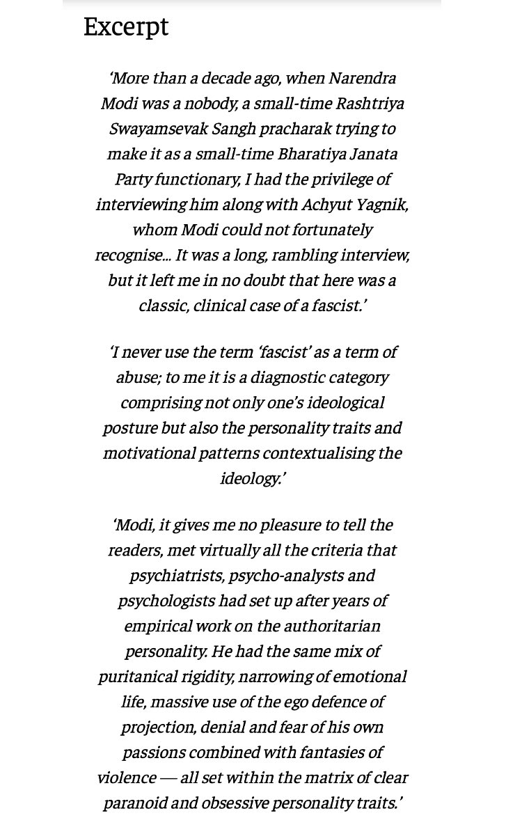 Jairam_Ramesh's tweet photo. Everytime the PM speaks it is a torrent of abuse, a tsunami of lies. His recent speech in Parliament made me recall what Ashis Nandy, one of India's leading scholars trained as a clinical psychologist, wrote in early 2002 in the Seminar magazine. This is the crucial excerpt. 

Full article: https://t.co/w0ZFDiTBQ4