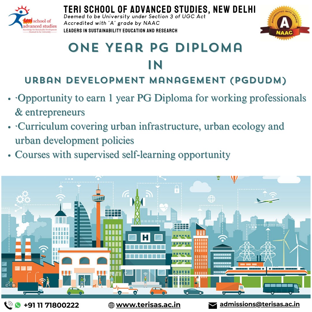 terischool's tweet image. 1/4
Looking for an opportunity to work towards sustainable smart cities? Join one year PG Diploma in Urban Development Management (PGDUDM) at TERI School of Advanced Studies (Deemed to be University), New Delhi. 

#AdmissionOpen2023 #TERISASAdmissionsOpen #TERISAS #MTech #UDM