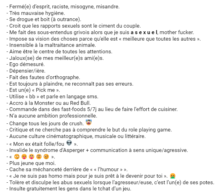 Cucurbitacheh's tweet photo. Je m’inspire du post de @Rannicotine et publie, à mon tour, mes #redflags et/ou #turnoffs personnels chez les autres en règle générale. 🚩
Les 22, 27 et 28ème sont les pires, et ils sont tirés de situations déjà vécues. 🤡 https://t.co/dnjWkJxkn8