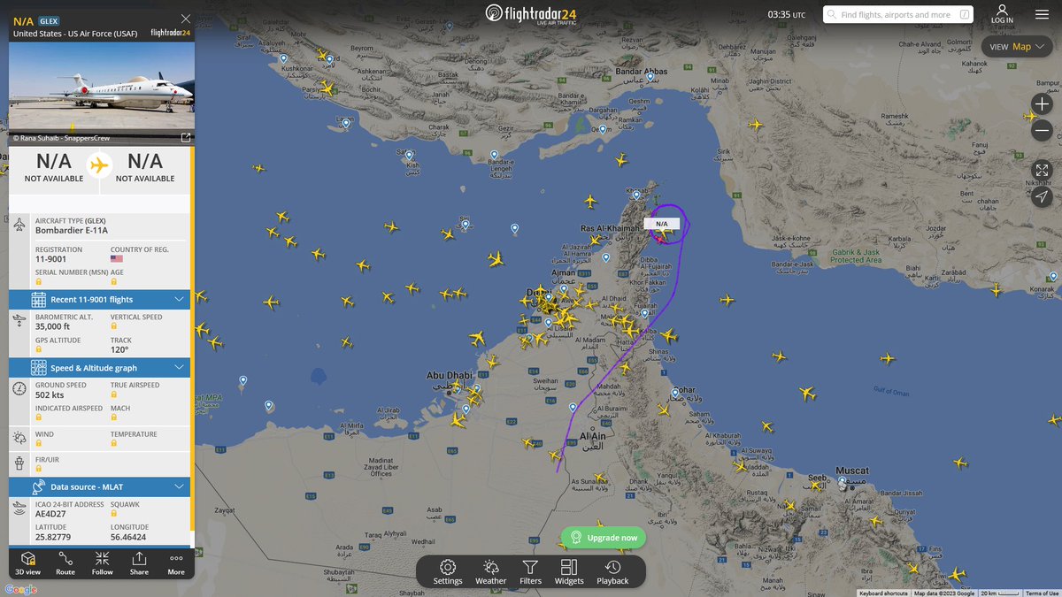 AIYeyENGDdJkjTr's tweet photo. Aug. 13, 2023
#Prince Sultan Air Base #Musandam Peninsula #Strait of Hormuz
BACN aircraft
#NoCALLSIGN #AE4D27 USAF E-11A https://t.co/WKyr7s91QW