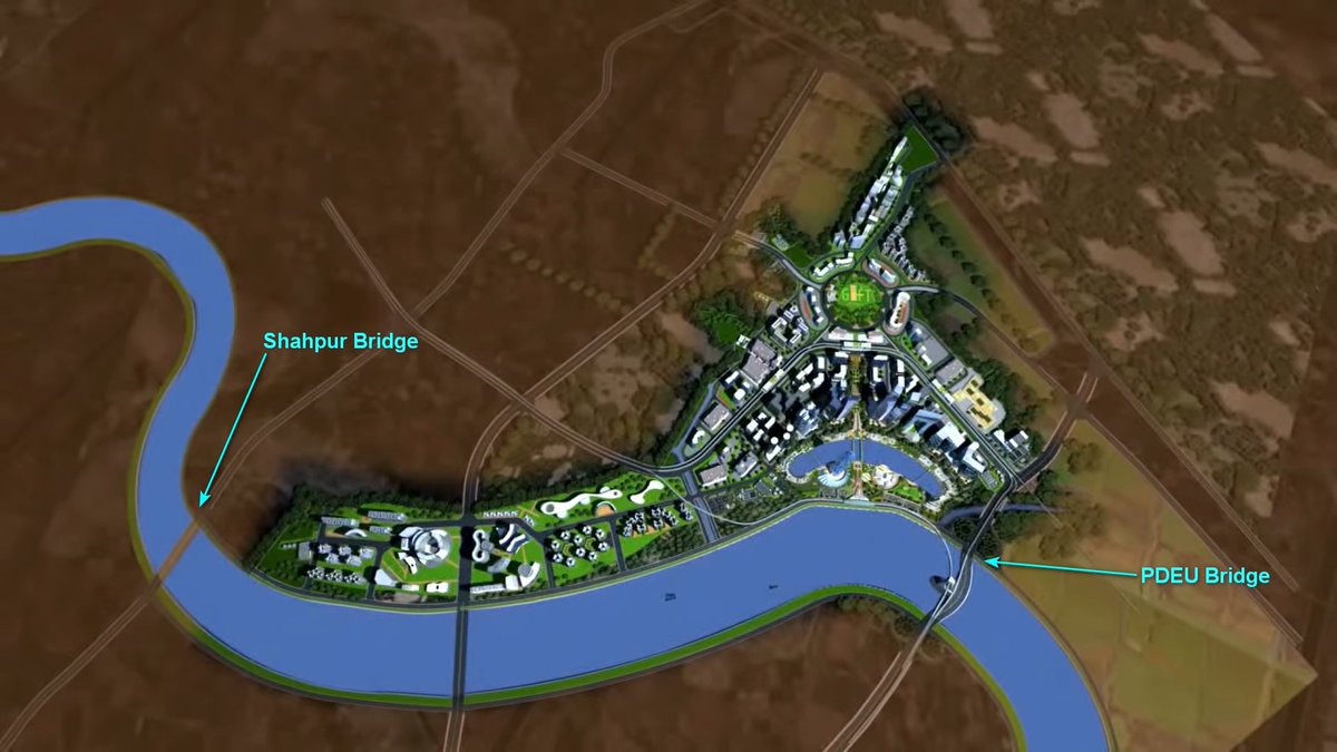 IndexofGujarat's tweet photo. New Riverfront for GIFT City

⟐ Length : 4.5 km  (each side)
⟐ Cost : 636 cr
⟐ Location : PDEU Bridge to Shahpur Bridge
⟐ Sources of Water : Narmada canal, GUDA sewerage treatment plants, Lakorda weir

→ A barrage cum bridge will be built near Hansol
→ State govt to reclaim 160 acres of land from areas around Sabarmati

Lots of green spaces of very high standard to be developed