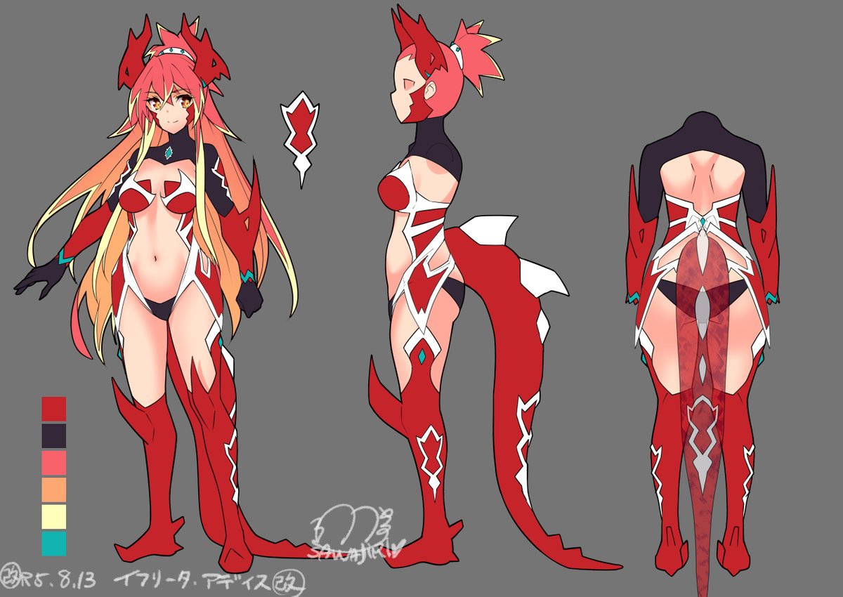 イフリータ・アディスの衣装デザイン。
腿サイド上側の作画困っちゃった所は、上に出す事でそのままいけそう。 