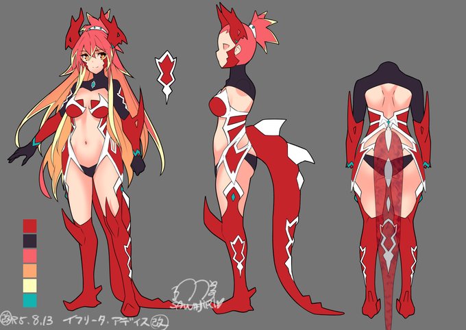 イフリータ・アディスの衣装デザイン。
腿サイド上側の作画困っちゃった所は、上に出す事でそのままいけそう。 