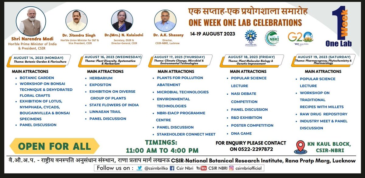 CSIR-NBRI (@csirnbrilko) on Twitter photo #OneWeekOneLab Programme at <a href="/csirnbrilko/">CSIR-NBRI</a>
The R&D exhibition is #Openforall during 14 to 19 August 2023.
Timings: 11.00 AM to 04:PM
Venue: KN Kaul Block
<a href="/akshasany/">Jagarnath Jai</a> <a href="/CSIR_IND/">CSIR, India</a> <a href="/DrJitendraSingh/">Dr Jitendra Singh</a> <a href="/SKT_NBRI/">Dr. S. K. Tewari</a> <a href="/DrNKalaiselvi/">N Kalaiselvi</a> #OneWeekOneLab Programme at <a href="/csirnbrilko/">CSIR-NBRI</a>
The R&D exhibition is #Openforall during 14 to 19 August 2023.
Timings: 11.00 AM to 04:PM
Venue: KN Kaul Block
<a href="/akshasany/">Jagarnath Jai</a> <a href="/CSIR_IND/">CSIR, India</a> <a href="/DrJitendraSingh/">Dr Jitendra Singh</a> <a href="/SKT_NBRI/">Dr. S. K. Tewari</a> <a href="/DrNKalaiselvi/">N Kalaiselvi</a>