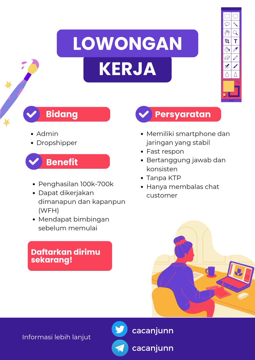 cacanjunn's tweet photo. Info loker admin dan dropshipper!!💵

💸Gaji 100k-700k perminggu 
💸Bisa untuk semua kalangan

#freelance #wfh #freelancer #lowongankerja #workfromhome #zonauang #pelajar #mahasiswa #lokerwfh #zonacuan https://t.co/TgfZpOw9Td