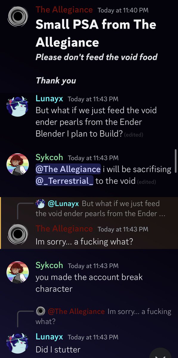 Lunayx_'s tweet photo. It's very rare when I get unhinged in a #Discord server. I'm glad I joined @VoidLostSMP but now I'm your problem. (I can't stop laughing @ this)

#VTuberEN #VTuber #Minecraft #VoidLost https://t.co/dqUkzywHV9