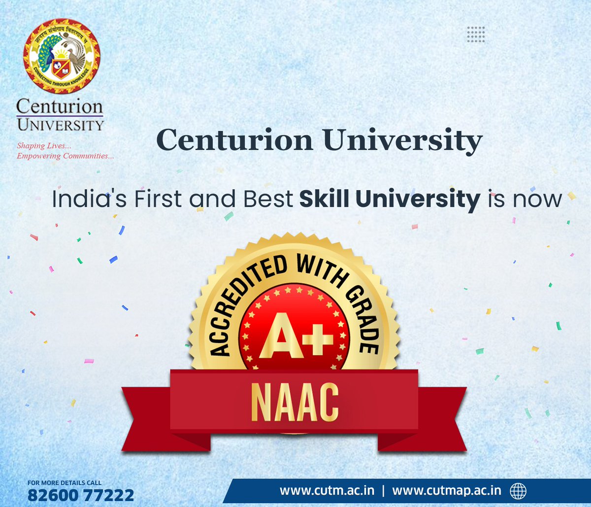 CUTMIndia's tweet photo. Consistency is the name of the game!
Congratulations to the Centurion family!

India's first and best skill University gets accredited with grade A+ by NAAC in its 2nd Cycle.

#Cutm #cutmuniversity #cutmupdate #bestskilluniversity #skilluniversity #NAAC #gradeA+ https://t.co/CJj2LzB0JR