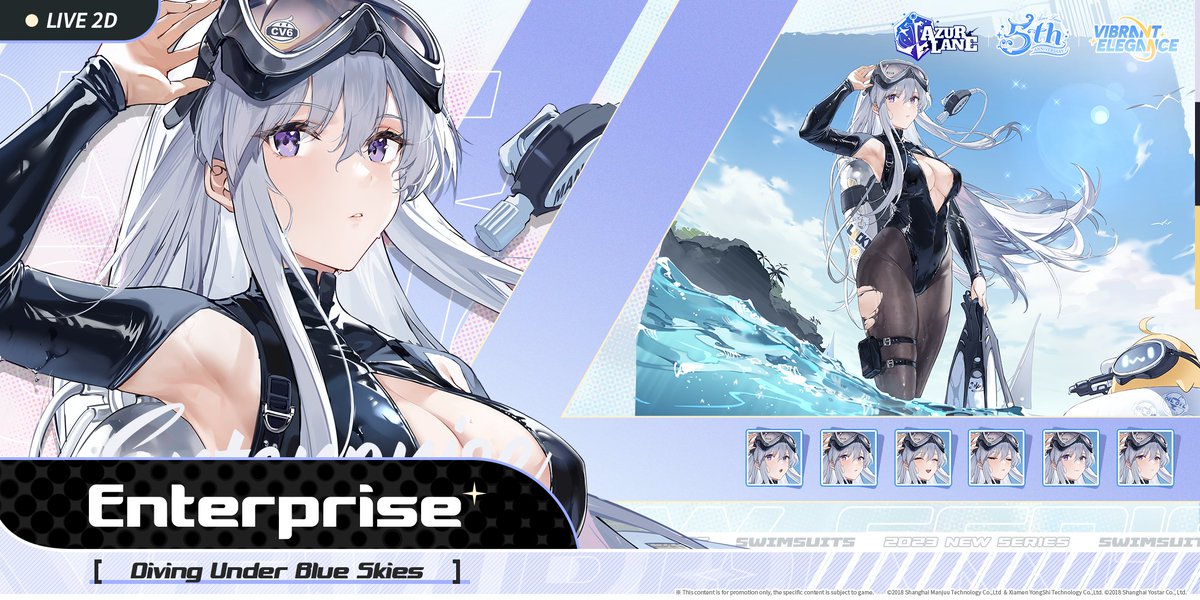 ★Diving Under Blue Skies★  

I'm not afraid of any fight on the water, but when it comes to diving, I'd be lying if I said I wasn't a little uneasy...  

USS Enterprise is changing into her new L2D attire. She will grace your dock in the near future, Commander.  

#AzurLane