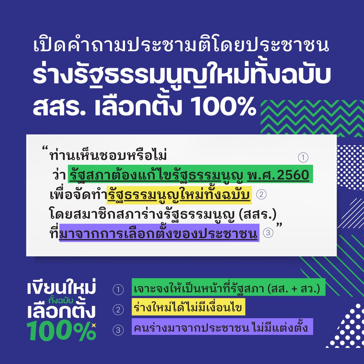 iLawclub's tweet photo. เปิดคำถาม #ประชามติ #เขียนรัฐธรรมนูญใหม่ โดยประชาชน

✅เขียนใหม่ได้ทั้งฉบับ ไม่กำหนดเงื่อนไข
✅สสร. ต้องมาจากการเลือกตั้งของประชาชน ไม่มีแต่งตั้ง ไม่มีโควต้าพิเศษ

ร่วมลงชื่อ 50,000 รายชื่อเพื่อเสนอต่อ ครม. ให้ทำประชามติ
https://t.co/5twVDQ7GqP

#conforall https://t.co/xFNMmIUm4r