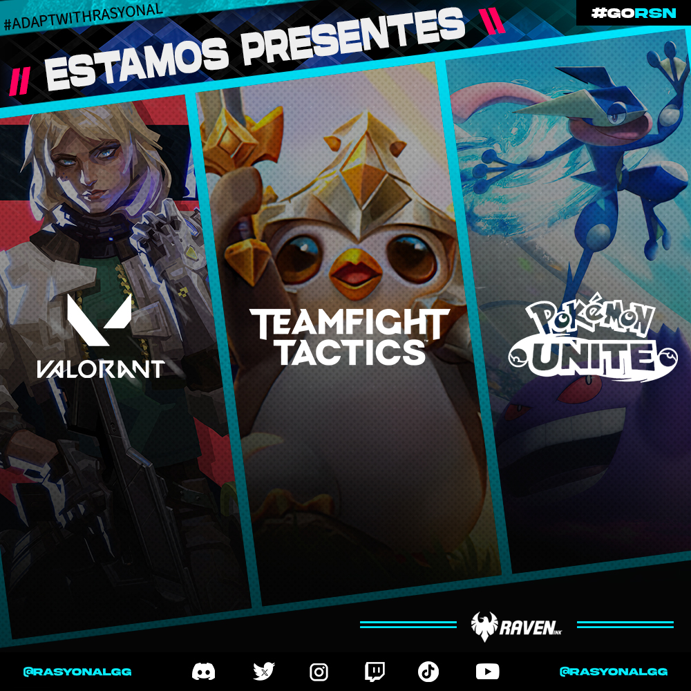 RasyonalGG's tweet photo. 💥🎮¡La pasión nos guía a nuevas fronteras del juego! Rasyoņal Gaming llega con fuerza a @TFT, @VALORANT y @PokemonUnite listos para demostrar nuestra destreza y dominar la competencia. 
¡Juntos dejaremos nuestra huella en el campo de batalla! 💥 https://t.co/pMBZyj8hU1