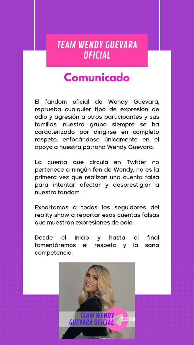 fandewendyperd's tweet photo. La violencia y el odio nunca es ni será una estrategia en nuestro fandom. 

Lamentamos que otras personas en su afán de afectarnos usen esa vía. 

#TeamWendyGuevara https://t.co/TInUqG4ZkS