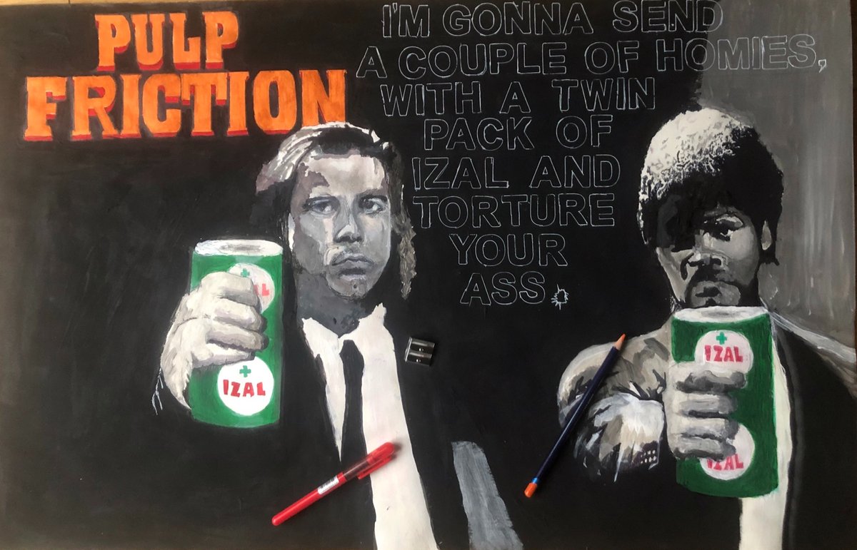 JanetHalmshaw's tweet photo. PULP FRICTION IZAL painting by Paul Halmshaw. #popart #toiletroll #izal #70s #70sart #memories #toilet #toilettissue #childhood #70smemories #cinema https://t.co/QL59hew2Uf