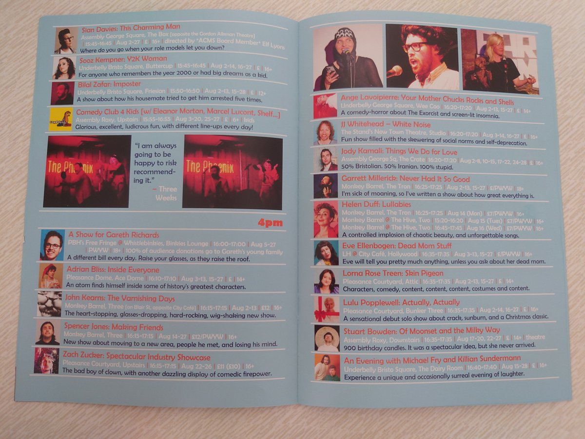 In Edinburgh? Pick up one of our #edfringe recommendation booklets (from us, <a href="/alwinsol/">Alwin Solanky</a>, <a href="/barrelcomedy/">Monkey Barrel Comedy</a>, etc), then fill your afternoon with e.g.
<a href="/SoozUK/">Sooz Kempner FOLLOW ME ON BLUESKY</a>!
<a href="/Zafarcakes/">Bilal Zafar | twitch.tv/zafarcakes</a>!
<a href="/johnsfurcoat/">John Kearns</a> (last day)!
<a href="/spendals/">Spencer Jones</a>!
<a href="/angelavoipierre/">Ange Lavoipierre</a>!
<a href="/JJWhitesnake/">JJ Whitehead</a>!
<a href="/jodykamali/">Jody Kamali</a>!
@DuffMarvel!
@lulu_popplewell!