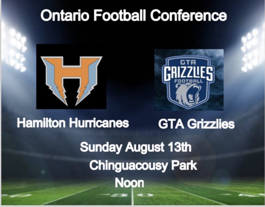 Game day! The <a href="/gtagrizzlies/">GTA GRIZZLIES</a> and <a href="/CanesFootball63/">Hamilton Hurricanes</a> at Chinguacousy Park 9050 Bramalea Rd, Brampton at noon. <a href="/TheOFCFootball/">The Ontario Football Conference</a> season opener for both teams. Come out and support Junior Football.