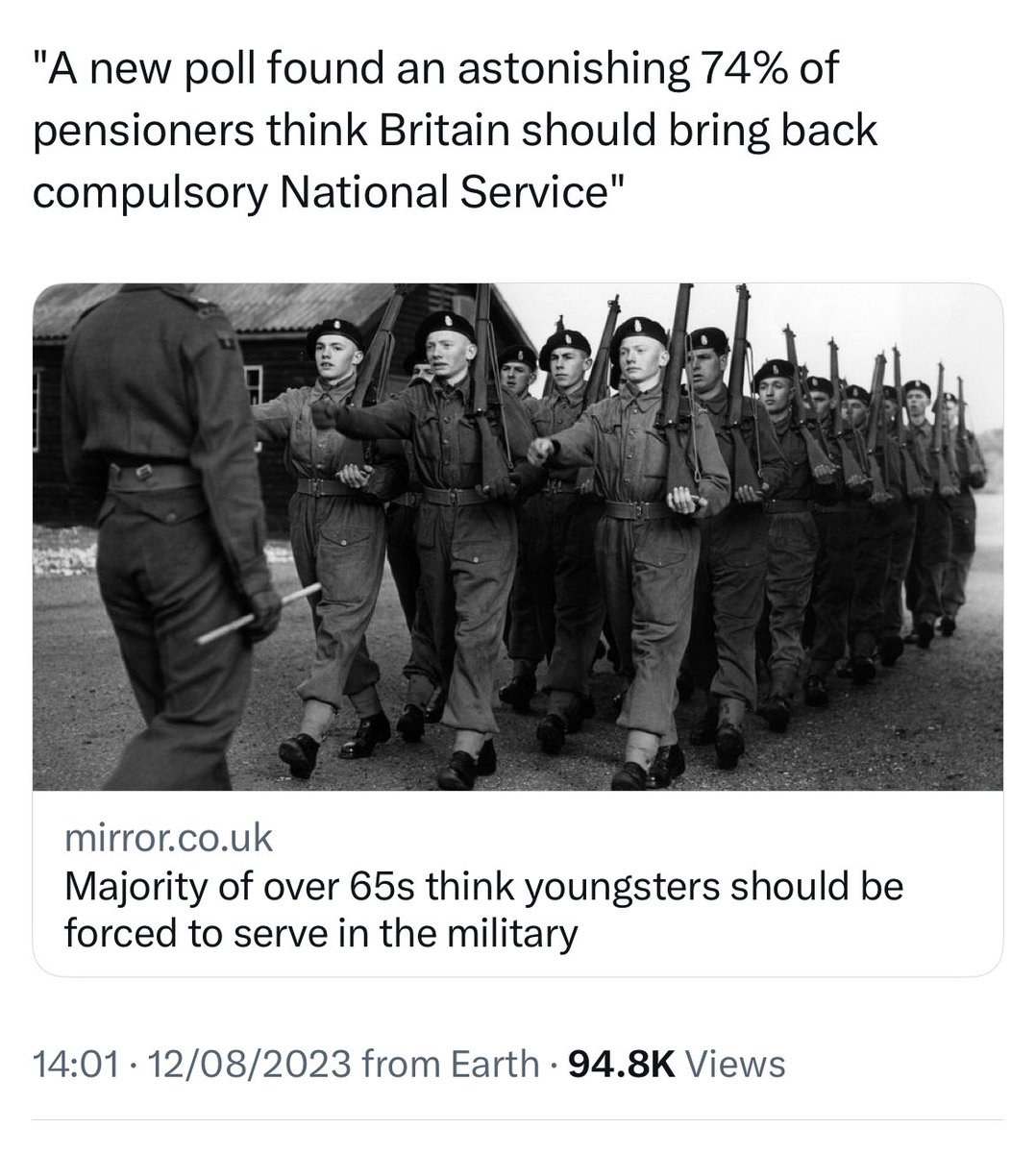 The last person to have been demobbed from National Service in 1963 would be at least 89 years old today.

'Old people wanting young people to be forced to do unpleasant things that they didn't have to' is maybe the perfect metaphor for the United Kingdom just now.