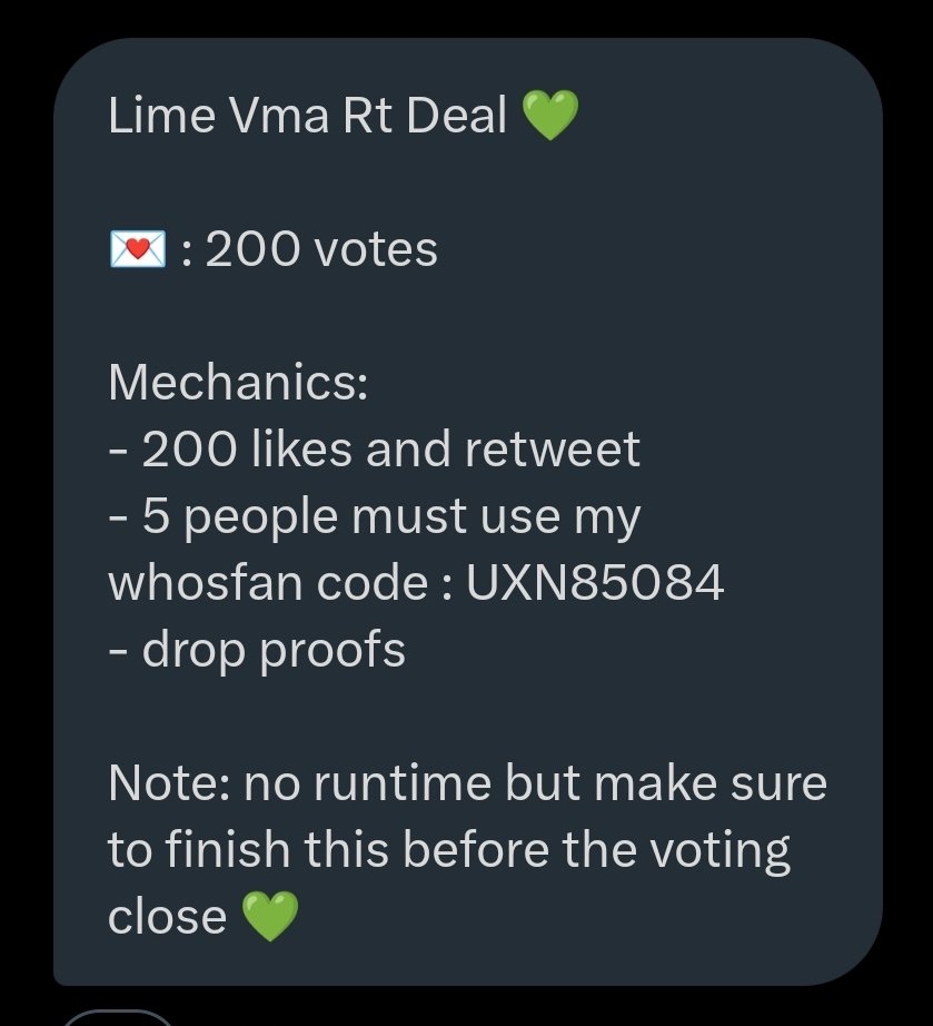 kmgsfilm's tweet photo. Lime Vma Rt Deal 💚 

💌 : 200 votes 

Mechanics:
- 200 likes and retweet
- 5 people must use my  whosfan code : UXN85084
- drop proofs

Note: no runtime but make sure to finish this before the voting close 💚

#LetsDarumdarimdaOnVMAs
#CaratMatchVMAs
#손오공 #세븐틴 @pledis_17 https://t.co/YrVl3OeZIO