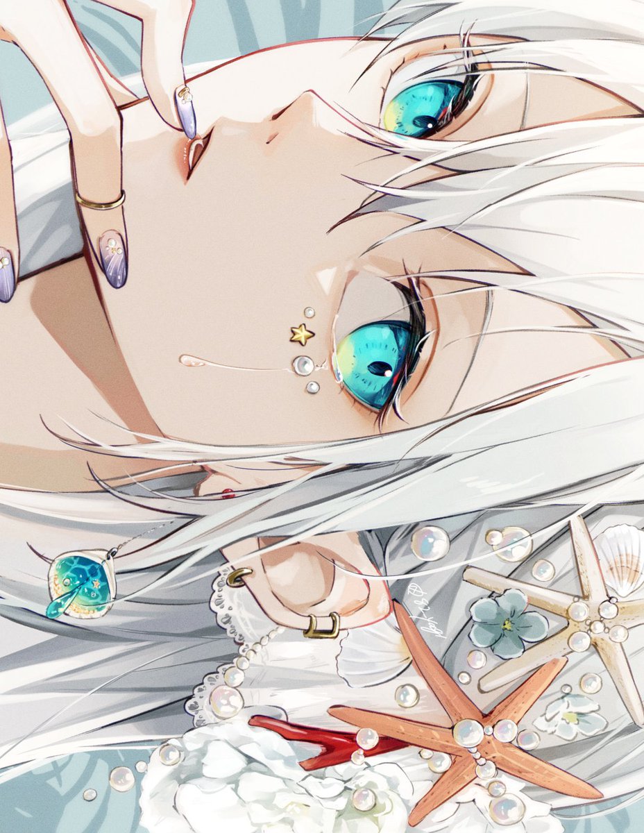 1girl solo jewelry earrings white hair looking at viewer sideways  illustration images