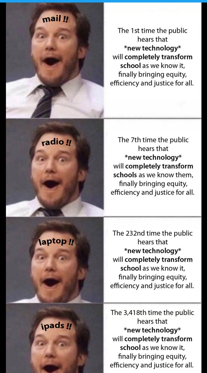 Vito ☞☞ @vitoda@mastodon.social (@vitodabisch) on Twitter photo The latest episode of <a href="/HaveYouHeardPod/">Have You Heard</a> on "AI" and how it will (not) change schools is amazing and you should all listen to it!
And it allows me to bring back one of my favourite memes about techno optimism in education. #KriDiFoSch The latest episode of <a href="/HaveYouHeardPod/">Have You Heard</a> on "AI" and how it will (not) change schools is amazing and you should all listen to it!
And it allows me to bring back one of my favourite memes about techno optimism in education. #KriDiFoSch