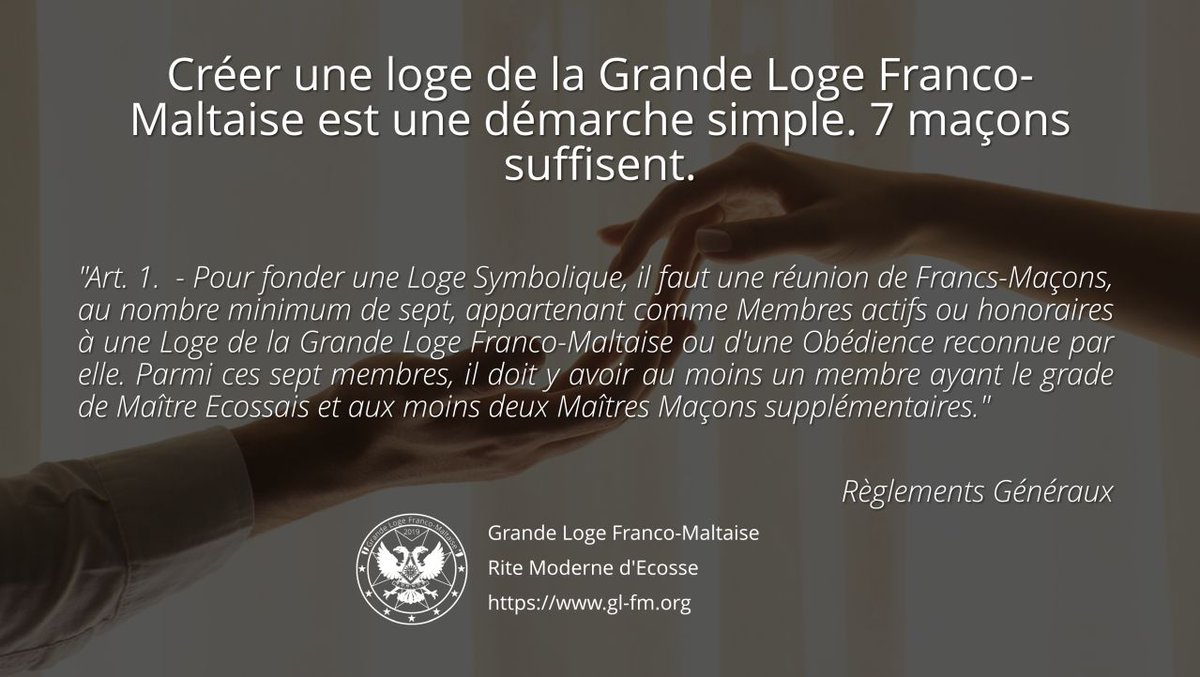 modernedecosse's tweet photo. Vous êtes 7 #macons dont 1 des HHGG, 2 MM, 2 CC et 2 AA et vous souhaitez monter une #loge de la Grande Loge Franco Maltaise ?
Rien de plus simple, et on vous aidera ! https://t.co/cIffJJzK8j