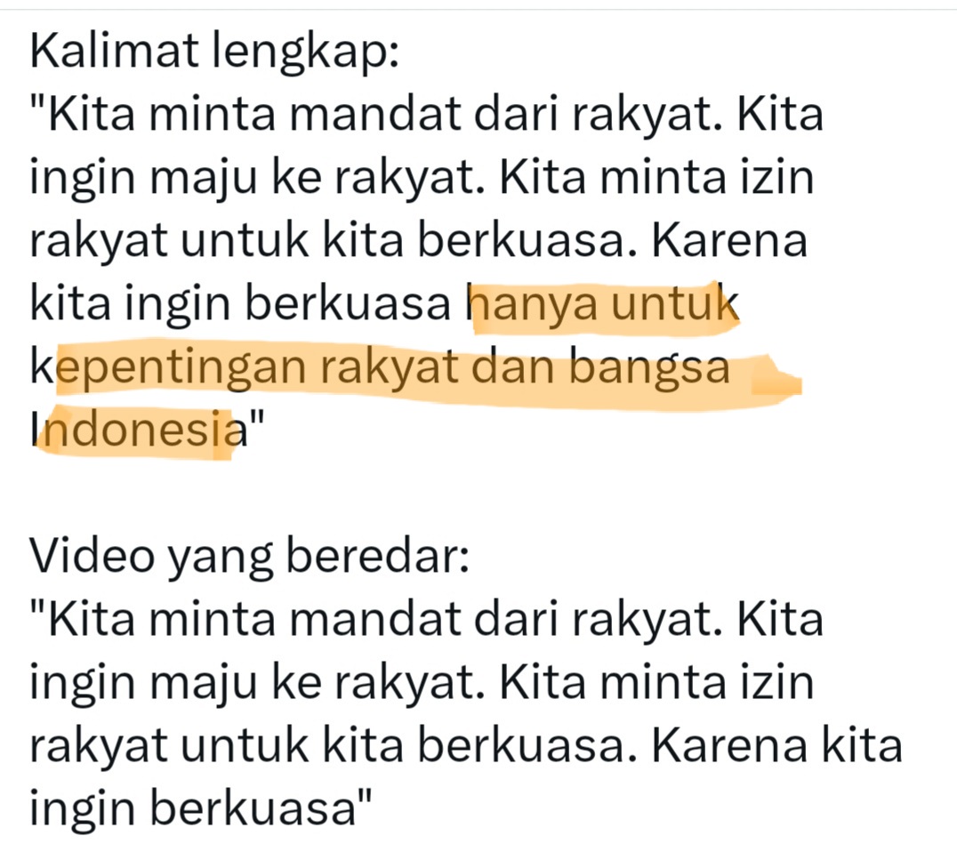 Gak bahaya tah, menggal kata2 shg merubah arti secara utuh? 

Dicari penggalan kata yg hilang  "Hanya untuk kepentingan Rakyat dan Bangsa Indonesia" di Indomaret terdekat.

Gini amat ya politik ini 🥱🥱😴

Link : youtube.com/live/Pzr4Kfj_4…

Menit 36:00 sila check video aslinya.