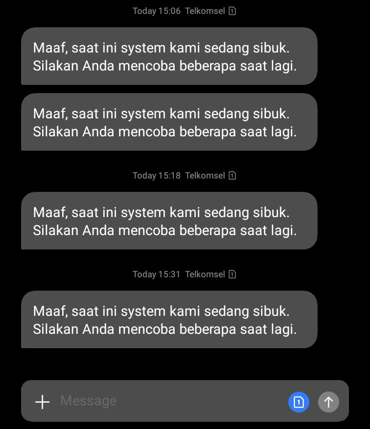 riyanprass's tweet photo. @Telkomsel Sore, mau isi paket kuota kenapa sistemnya sibuk terus ya? Sudah saya dm belum ada respon https://t.co/OkTOg75ELA
