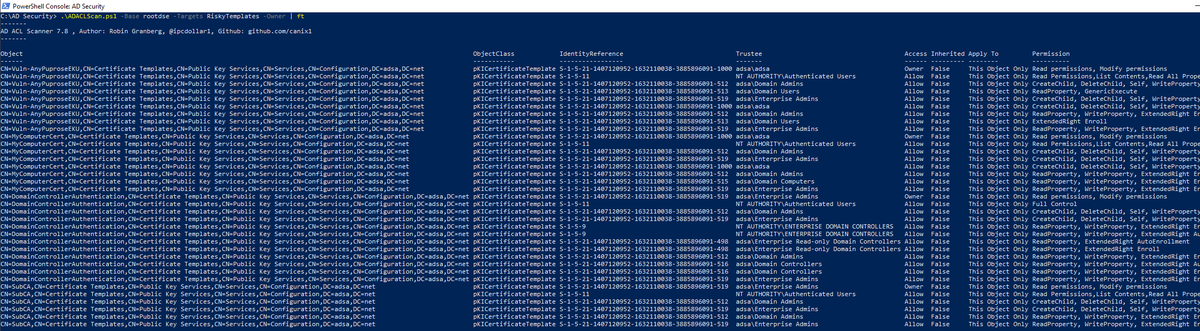 ipcdollar1's tweet image. Here is an easy way to identify permissions on risky certificate templates that could be abused to authenticate as anyone, using AD ACL Scanner.  Who can enroll , modify certificates templates?
github.com/canix1/ADACLSc…
#ADsecurity #CyberSecurity
