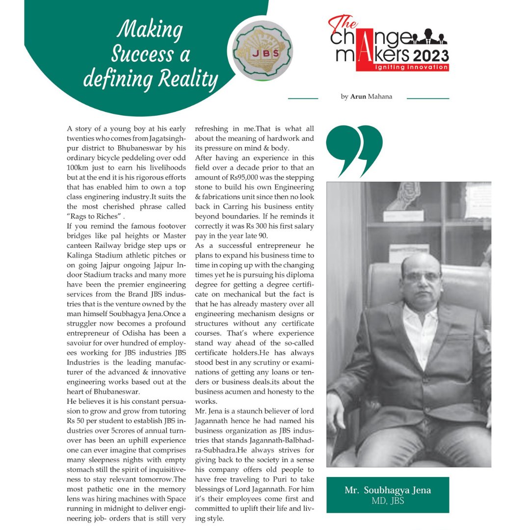 interviewtimes2's tweet photo. From pedaling 100km on an ordinary bicycle to owning a top-class engineering empire, Mr. Soubhagya Jena's journey embodies "Rags to Riches"! Read his inspiring story in our latest edition "The Changemakers 2023".
Link: https://t.co/yw8XcQJXnS
#magazinefeature #interviewtimes https://t.co/iTxDAw7VSS