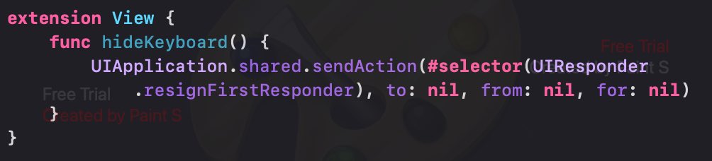 XcodeAllhelp's tweet photo. #Hide #Keyboard #Xcode14. #Swift

extension View {
    func hideKeyboard() {
        
UIApplication.shared.sendAction(#selector(UIResponder.resignFirstResponder), to: nil, from: nil, for: nil)
    }
}

now call this func in

.onTapGesture {hideKeyBoard() } https://t.co/nH5Kst8x04