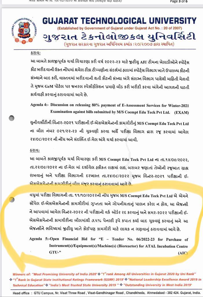 YAJadeja's tweet photo. #GTU #બ્લેકલિસ્ટ_એજન્સી 
📋અહીં જુવો GTU નો ઠરાવ કે જેમાં કોમ્પટ કંપની(M/S. COEMPT EDU TECK PVT. LTD.) જે જીટીયુ દ્વારા જ બ્લેક લિસ્ટ કરવામાં આવેલ છે એનો પુરાવા સાથે છે.

📋ઠરાવમાં સ્પષ્ટ  લખેલ છે કે ફરી  GTU દ્વારા E-Assessment ની કામગીરી M/S. COEMPT EDU TECK PVT. LTD. એજન્સીને કામ નહીં સોંપવાનું  તો પછી શા માટે ફરી કામ આપવામાં આવ્યું??

🔖બ્લેકલિસ્ટ કરેલ કંપની ને કોન્ટ્રાક્ટ વિરલ બોરીસાગર દ્વારા આપવામાં આવ્યો એવું અમે કીધું જ નથી અમારો આક્ષેપ જીટીયુ દ્વાર જ બ્લેક લિસ્ટ કરવામાં આવેલ એજન્સી ને ફરીથી કોન્ટ્રાક્ટ કોણે આપ્યો અને કોના ઈશારે આપ્યો તેનો જવાબ માંગીએ છીએ ?

▶️ #GTU સાથે અનેક કોલેજો જોડાયેલી છે. આ કોલેજોમાં અસંખ્ય વિધાર્થીઓ અભ્યાસ કરે છે.              આ વિધાર્થીઓના E-Assessment ની કામગીરી M/S. #COEMPT_EDU_TECK PVT. LTD. એજન્સી ને સોંપવામાં આવેલ આવી હતી. આ કામગીરી દરમ્યાન કંપનીએ ગુપ્તતા અને ગોપનીયતાનું પાલન કરેલ ના હોવાથી આ એજન્સીને આપવામાં આવેલ વિન્ટર-2022ની પરીક્ષાનો વર્ક ઓર્ડર રદ કરવાનું અને સમર-2022 પરીક્ષાની  ઇ-એસએસમેન્ટની કામગીરીનાં બિલમાં 7.5 % પેનલ્ટીરૂપે કપાત કર્યા બાદ ચુકવણું કરવાનું અને  આ એજન્સીને બ્લેકલીસ્ટ કરવામાં આવી હતી. 
⏏️પરંતુ તાજેતરમાં જ આ કંપની સામે માત્ર દંડનાત્મક કાર્યવાહી કરીને સમગ્ર પ્રકરણમાં ભીનું સંકેલીને કંપની બ્લેકલીસ્ટ હોવા છતાં તે કંપનીને જ કામ આપવાનો નિર્ણય કર્યો છે. 
💢આ નિર્ણયથી વિધાર્થીઓના હીત જોખમમાં મુકાશે. વિધાર્થીઓના ભોગે યુનિર્વસિટી તરફથી કોના ઇશારે કે દબાણ હેઠળ આ પગલું ભરવામાં આવ્યું છે ??? તે જાહેર કરવામાં આવે.
💥શું દેશમાં આ કામગીરી કરતી અન્ય કોઇ એજન્સી જ નથી ? 
▶️ ક્યાં ઉચ્ચ હોદ્દેદારો કે એજન્ટ છે જેના ચાર હાથ આવા લોકો અને એજન્સી ઉપર છે ?
▶️ આ બ્લેકલીસ્ટ કરેલ એજન્સી ના ફરી કોન્ટ્રાક્ટ આપવાનો શો મતલબ ?(કઈક તો દાળમાં કાળુ છે.)
@Bhupendrapbjp
@CMOGuj 
@knkher2009 
@Mukeshias 
@navinsheth 
@irushikeshpatel 
@GTUoffice 
@kuberdindor 
@ArvindKejriwal