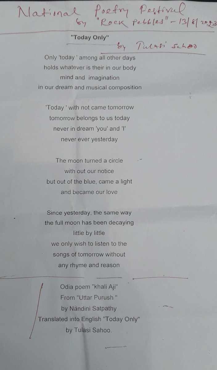 ProfSubashNayak's tweet photo. Thanks to Dear Wife Writer @SahooTulasi  to be a Part of #NationalPoetryFestival by #RockPebbles  the English Literary Journal, Bhubaneswar Editor Sri @udayanathmajhi 🙏 @sahityaakademi https://t.co/bWKkA8nOXt