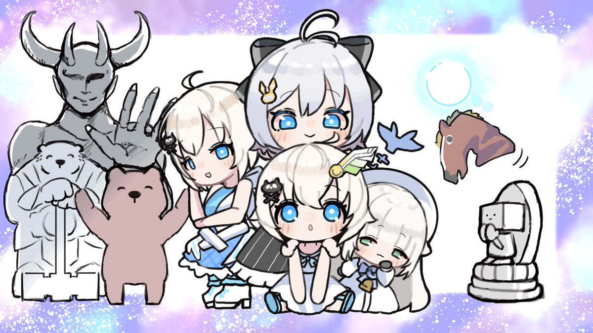 siro (dennou shoujo youtuber siro) multiple girls blue eyes 4girls dress ahoge chibi hair ornament  illustration images