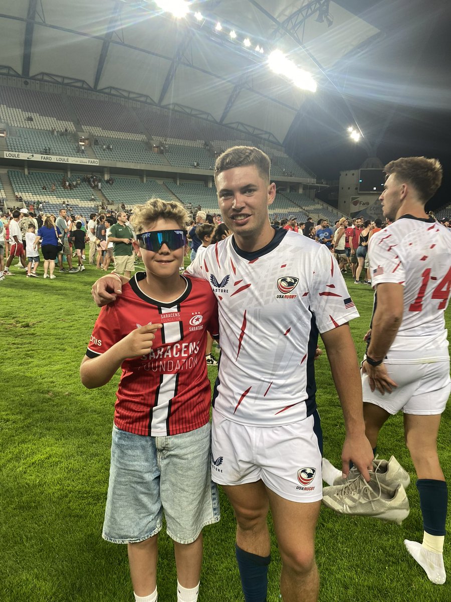 KatyDownes's tweet photo. Thank you @rubedehaas9  for making my son’s day - he’s a big fan. So kind of you to give him your shirt after the match yesterday! WOW!

P.S. we loved the pitch invasion at the end of the match! 
#USARugby
#SaracensRugby
#RWC2023
#rubendehass https://t.co/P3TzBxD22x
