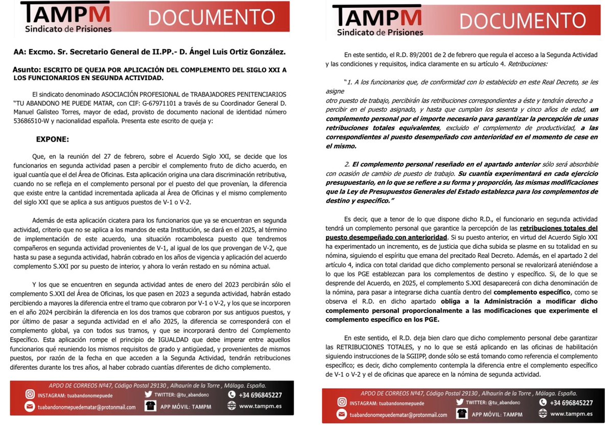 tu_abandono's tweet photo. 📃 #Nueva Queja ante @IIPPGob por la INJUSTICIA del Acuerdo “Siglo XXI”, esta vez hacia los compañeros de 2ª ACTIVIDAD

❌ La SGIP vulnera el RD 89/2001 (2 de Feb) discriminando a los funcionarios a cobrar como en Oficinas

👉🏼 OBJETIVO DESCARADO: Cargarse la 2ª Actividad‼️
#TAMPM https://t.co/d4RqN8L1wi