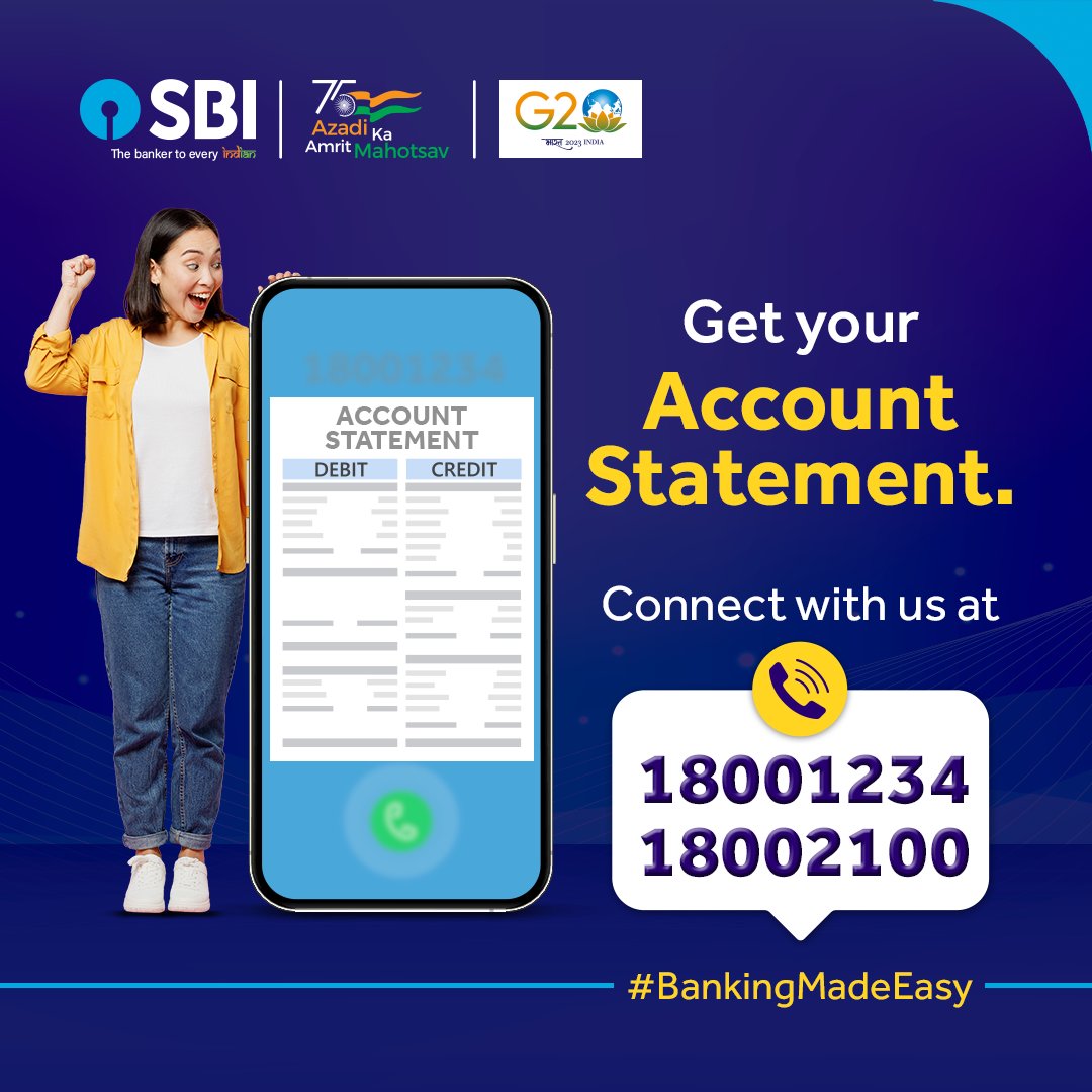 Stay on top of your finances with ease! Access your account statement hassle-free by connecting with us at 18001234 or 18002100. 

#SBI #SBIContactCentre #BankingMadeEasy #TollFree #AmritMahotsav #AzadiKaAmritMahotsavWithSBI