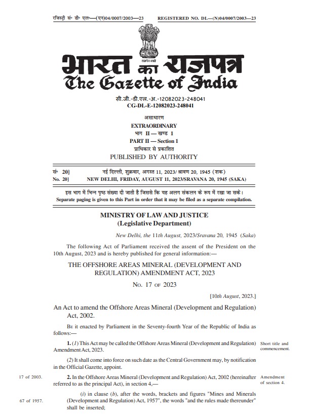 JoshiPralhad's tweet image. Upon receiving the Hon&apos;ble President&apos;s assent, Offshore Areas Mineral (Development and Regulation) Amendment Bill 2023 has become an Act. Now composite licences for offshore minerals will be granted through transparent auctions. @rashtrapatibhvn 
#MiningReforms
