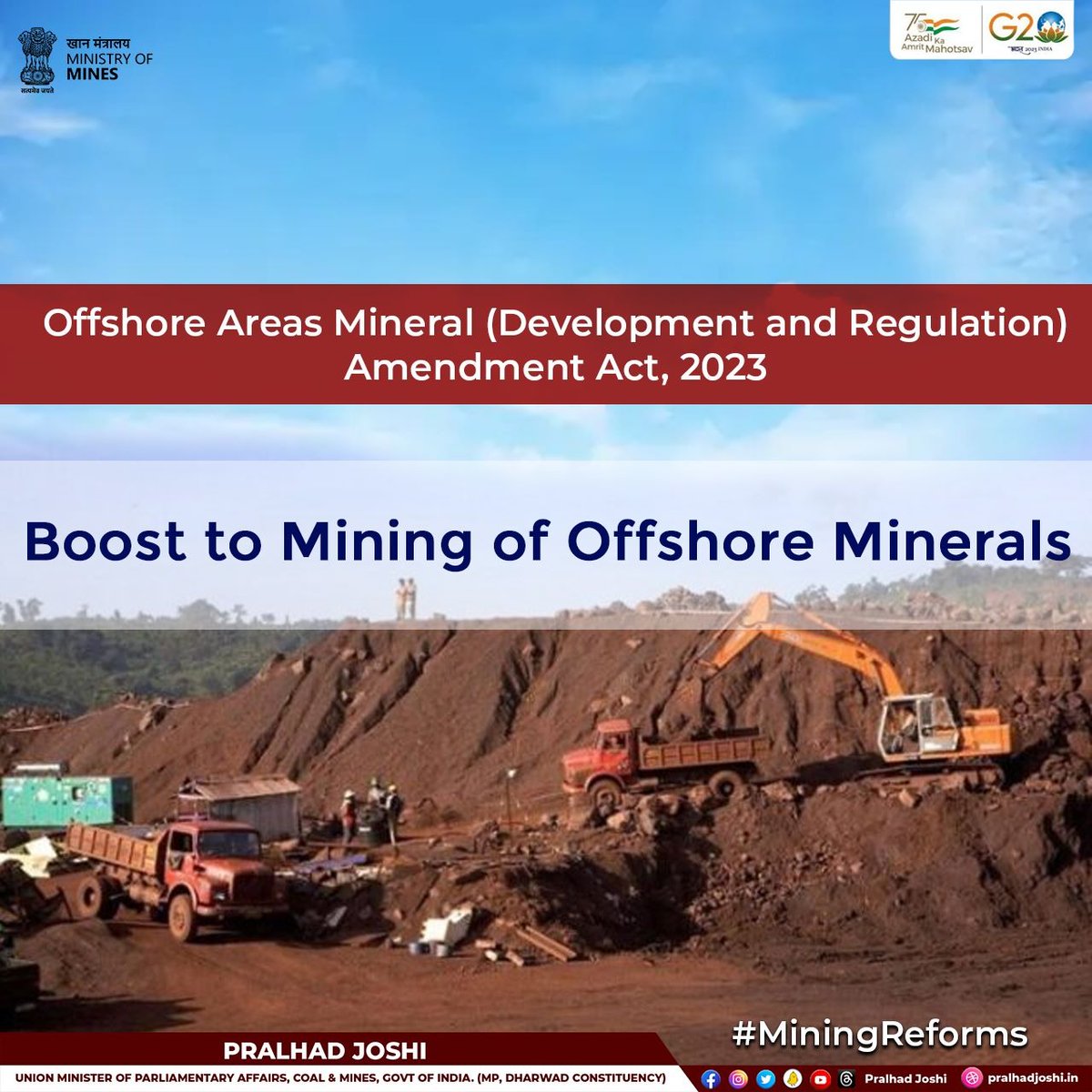 JoshiPralhad's tweet image. Upon receiving the Hon&apos;ble President&apos;s assent, Offshore Areas Mineral (Development and Regulation) Amendment Bill 2023 has become an Act. Now composite licences for offshore minerals will be granted through transparent auctions. @rashtrapatibhvn 
#MiningReforms