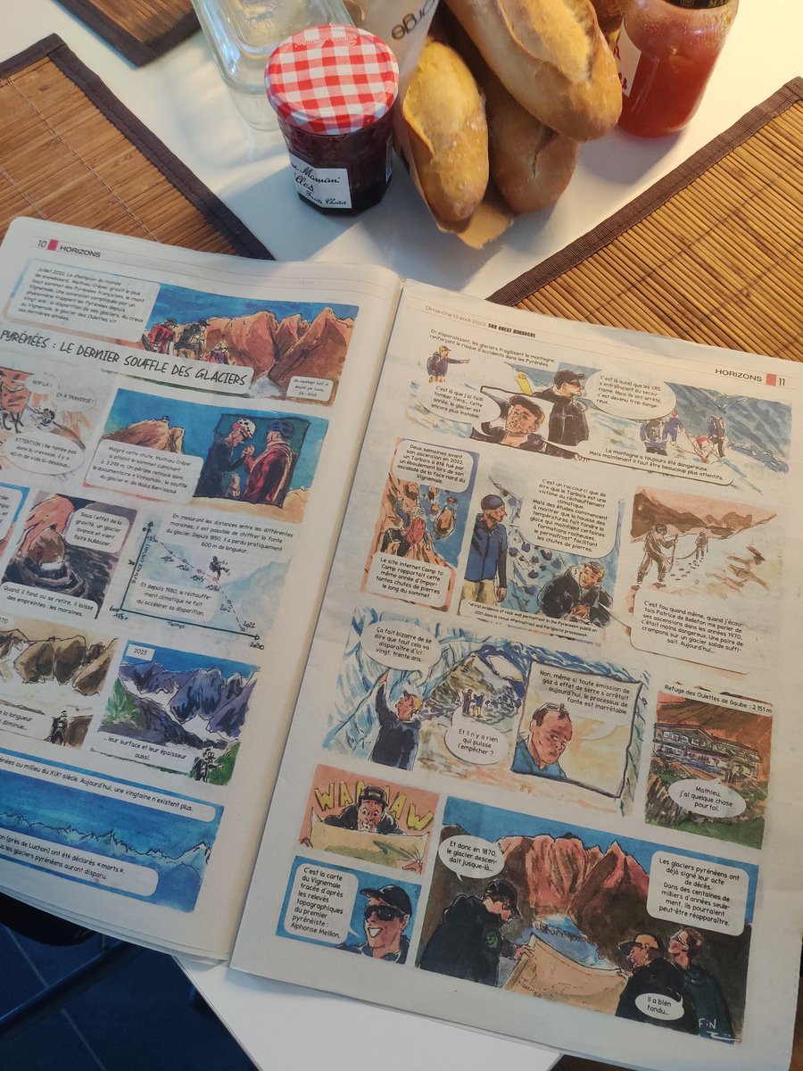 ✏️ Et une première publication comme ✨BD-reporter✨ pour <a href="/sudouest/">Sud Ouest</a> et <a href="/SO_Pau/">Sud Ouest Pau</a>  

Je me suis rendu sur le glacier des Oulettes avec <a href="/matcrepel/">mathieu crepel</a>, le glaciologue Pierre René pour observer la fonte des glaciers Pyrénées..

Alors foncez acheter l'édition du jour de Sud-Ouest 😉