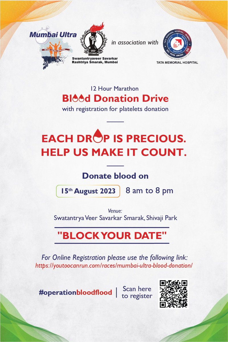 Blood Donation Drive on Independence Day at Veer Savarkar Smarak Dadar 28,8am-8pm Donote Whole Heartedly for Tata Memorial Hospitals Good Goodies awaiting for donors Pl register youtoocanrun.com/races/mumbai-u…🇮🇳Mahesh Kirticorp