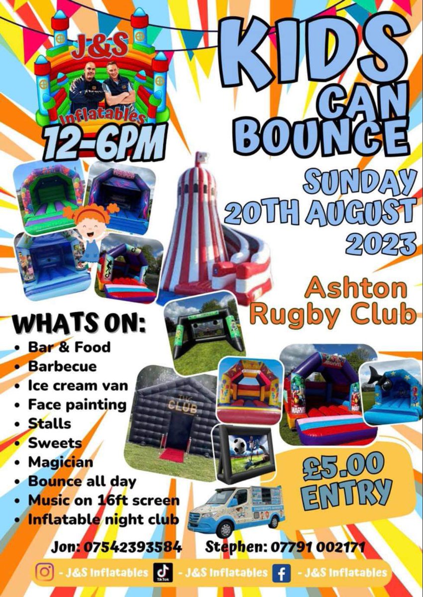 Join us for an exciting day of fun at our kids can bounce day! 🏰 Bring your kids and enjoy a day filled with laughter, games, and delicious treats. 🍔With a magical magician, mouthwatering food, and more.🎈 Don't miss out on the excitement! Entry is just £5. See you next weekend